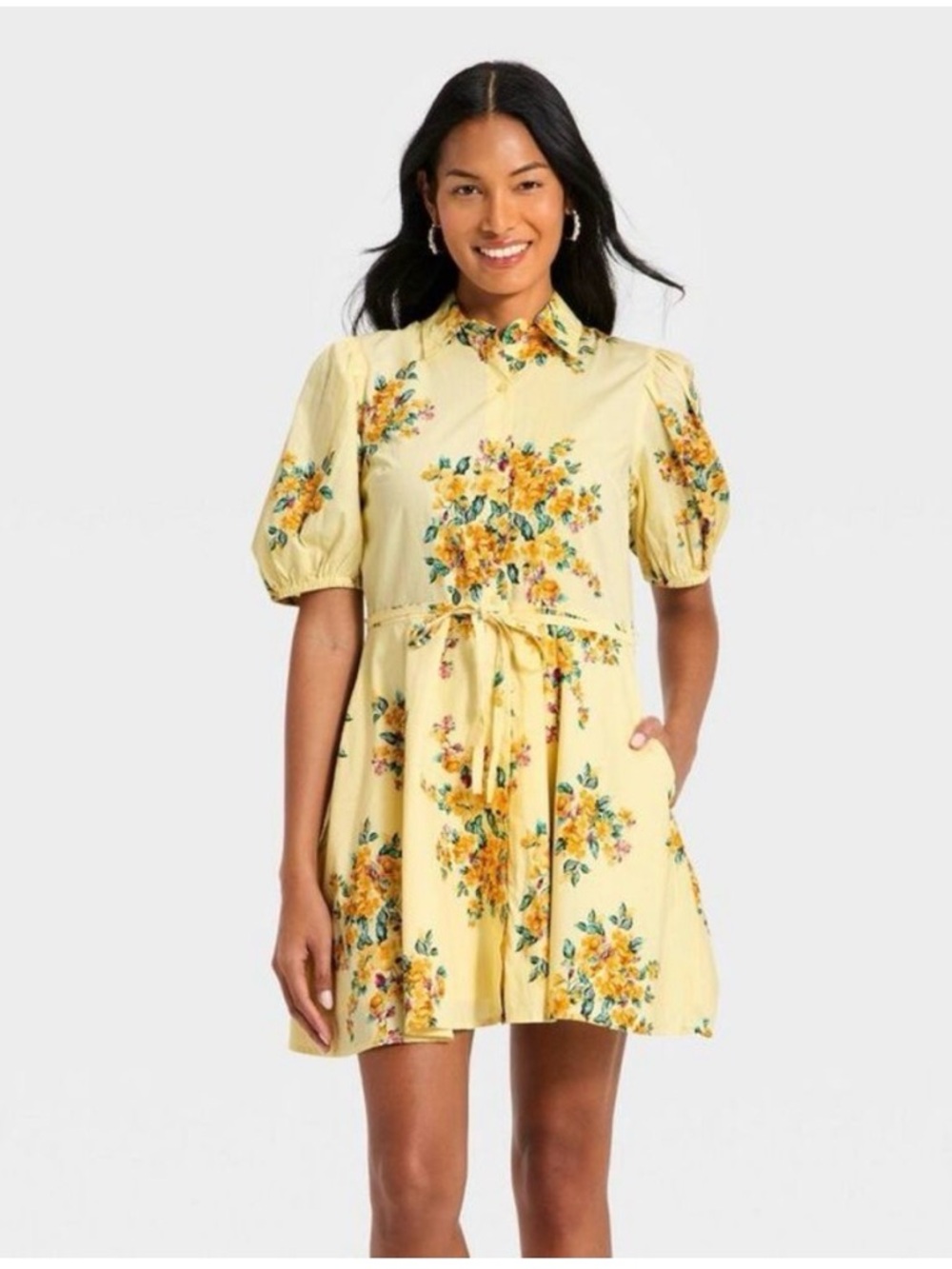 a new day Yellow Floral Collared Mini Dress with Puff Sleeves and Tie